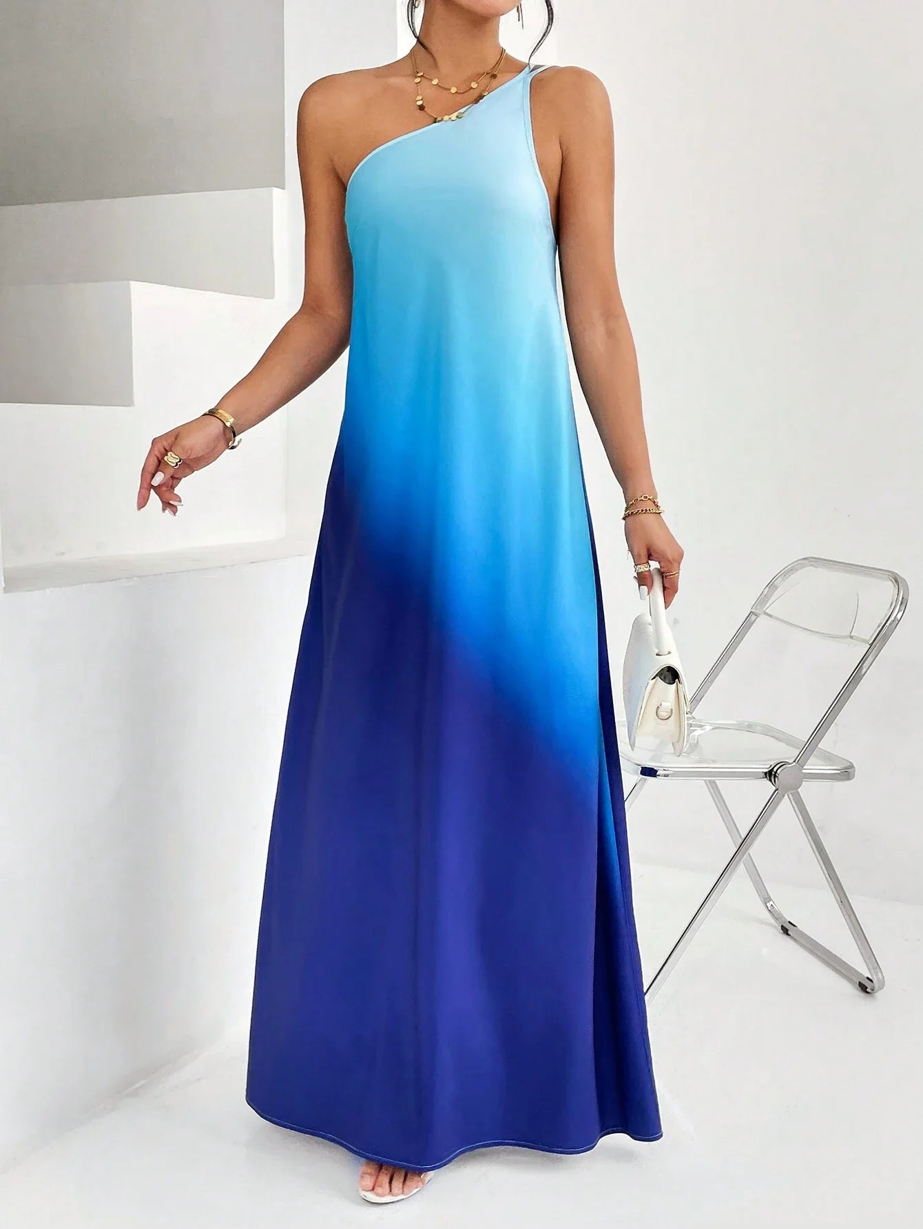 Vestido Maxi Ombro Único com Estampa Degradê