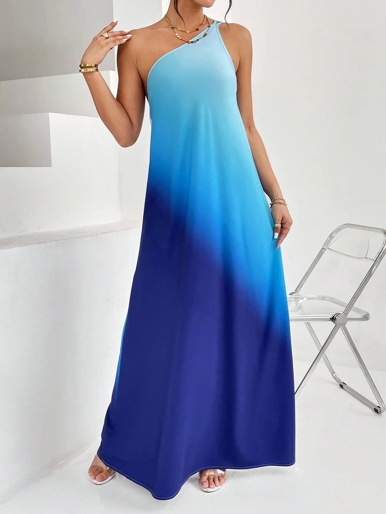 Vestido Maxi Ombro Único com Estampa Degradê
