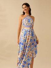 Carregar imagem no visualizador da galeria, Vestido Longo de Verão com Estampa Tropical e Decote Halter