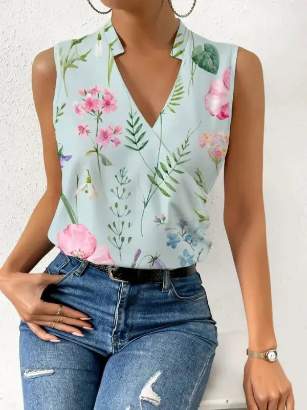 Blusa Vinny Sem Mangas com Decote Transpassado - Azul-Floral-3XG - HumArraso
