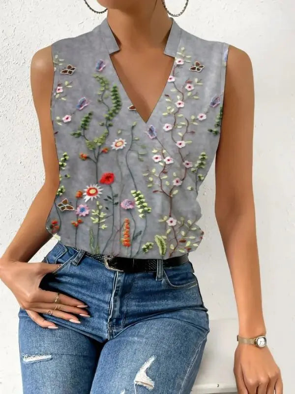 Blusa Vinny Sem Mangas com Decote Transpassado - Cinza-Floral-3XG - HumArraso