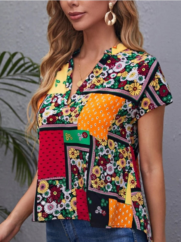 Blusa Feminina Retalhos Manga Curta Flor HumArraso