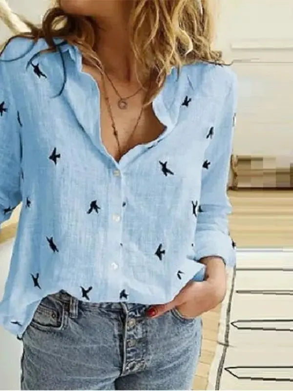 Camisa De Linho Feminina com Botões - Azul-estampada-XXG - HumArraso