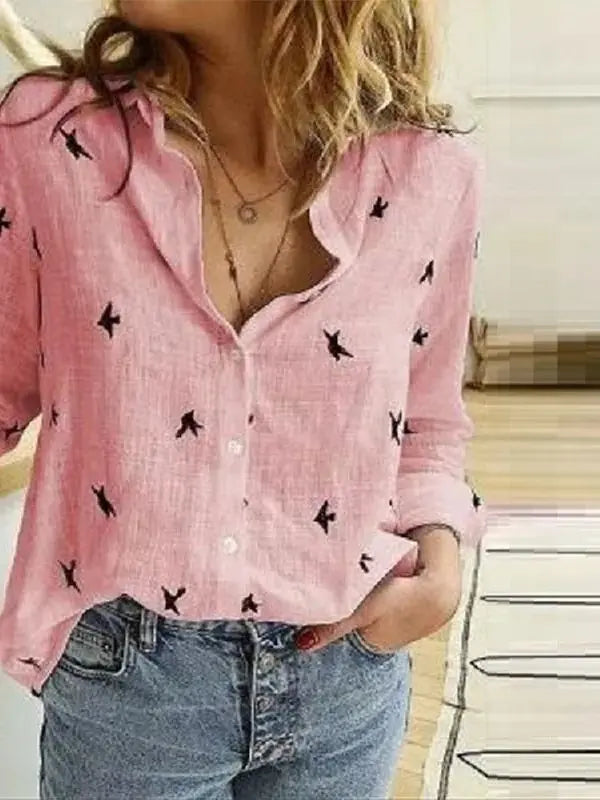 Camisa De Linho Feminina com Botões - Rosa-estampada-XXG - HumArraso
