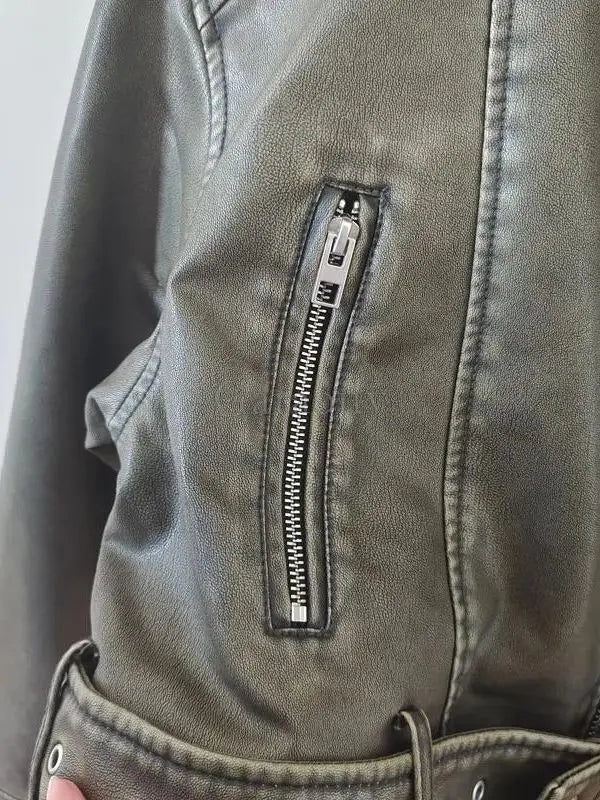 Jaqueta Feminina em Couro P.U com Cinto Moda Primavera - - HumArraso