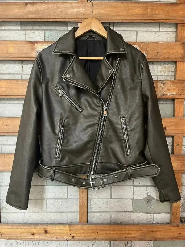 Jaqueta Feminina em Couro P.U com Cinto Moda Primavera - Marrom-XG - HumArraso