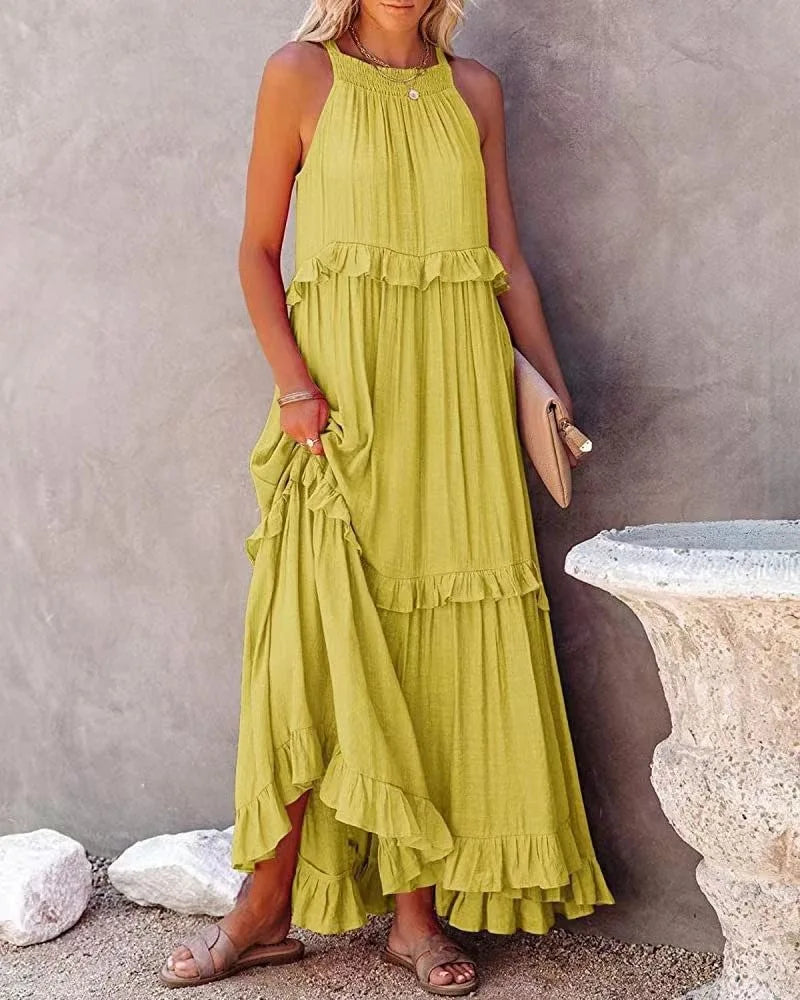 Vestido Longo Plissado Sem Mangas