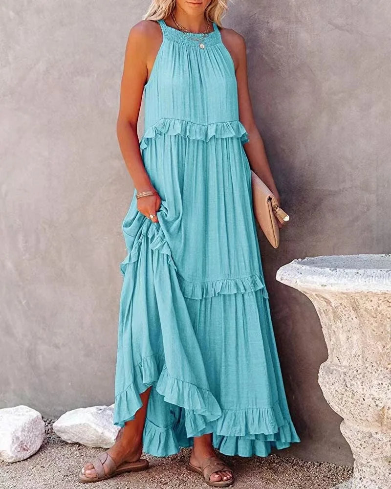 Vestido Longo Plissado Sem Mangas