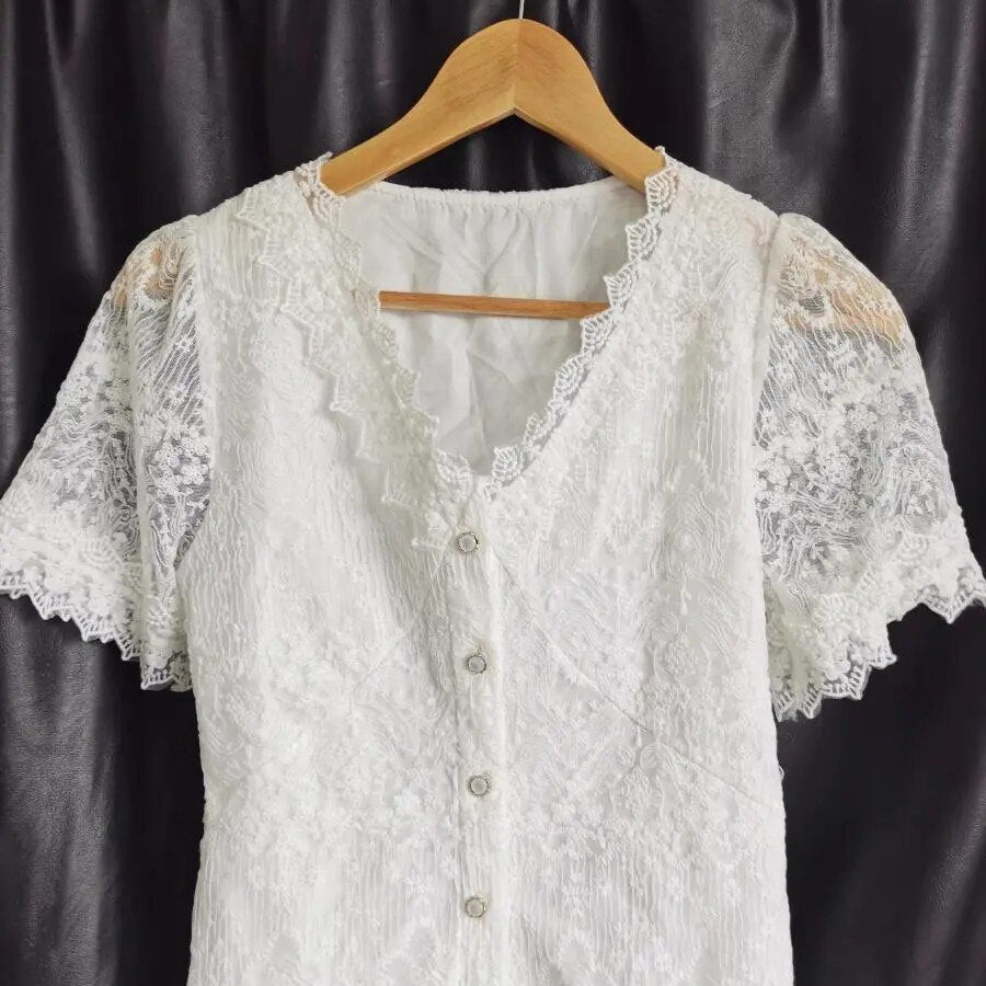 Camisa de Renda Gola em V HumArraso