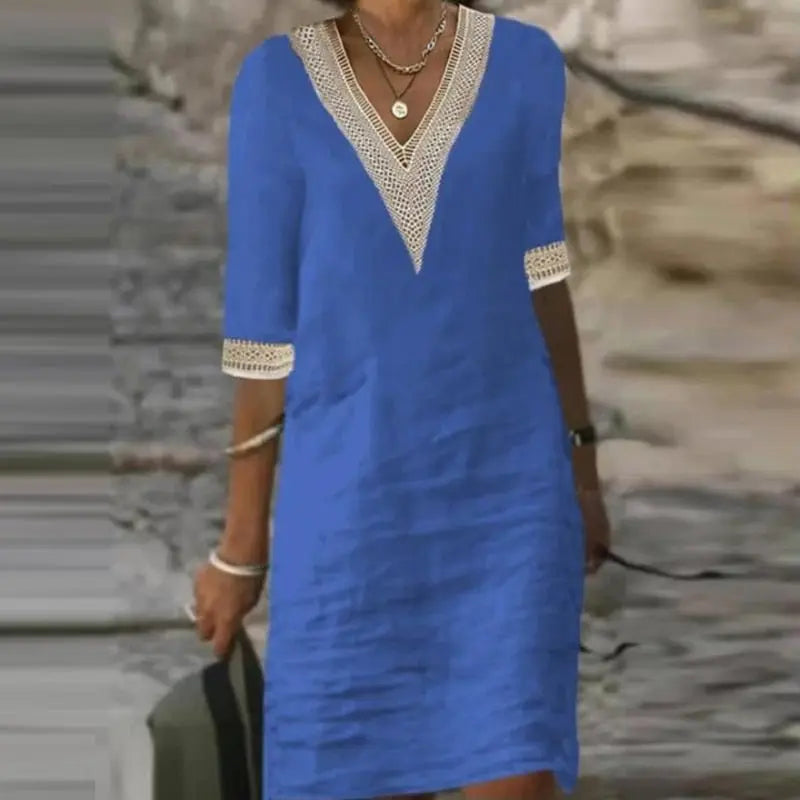 Vestido De Linho Gola V - Zarvane - Azul / 3G