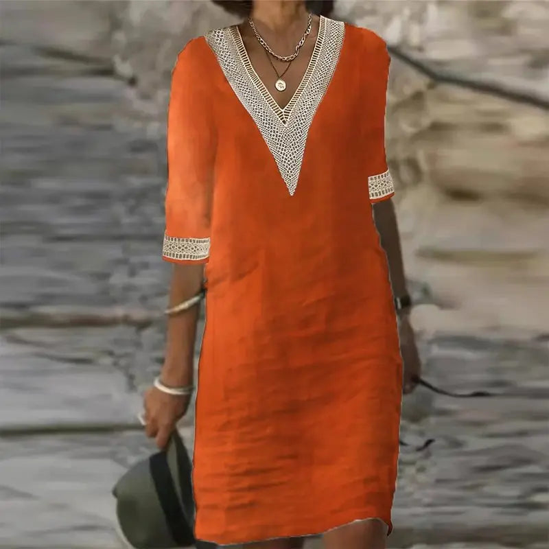 Vestido De Linho Gola V - Zarvane - Laranja / 3G