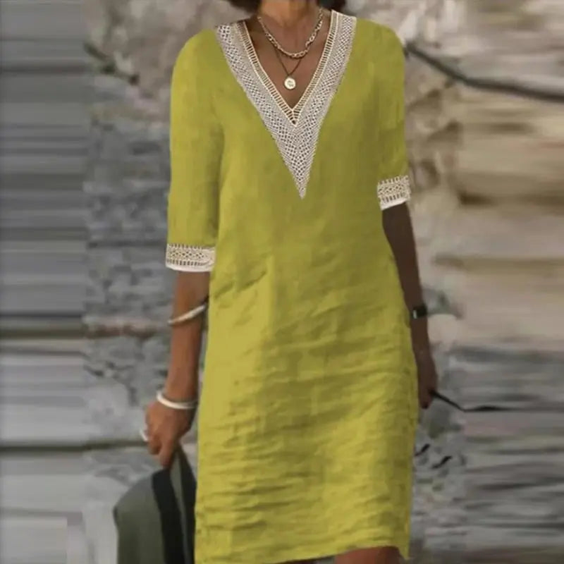Vestido De Linho Gola V - Zarvane - Amarelo / 3G