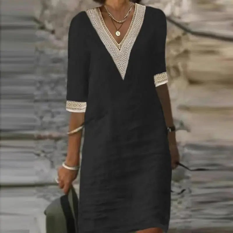 Vestido De Linho Gola V - Zarvane - Preto / 3G