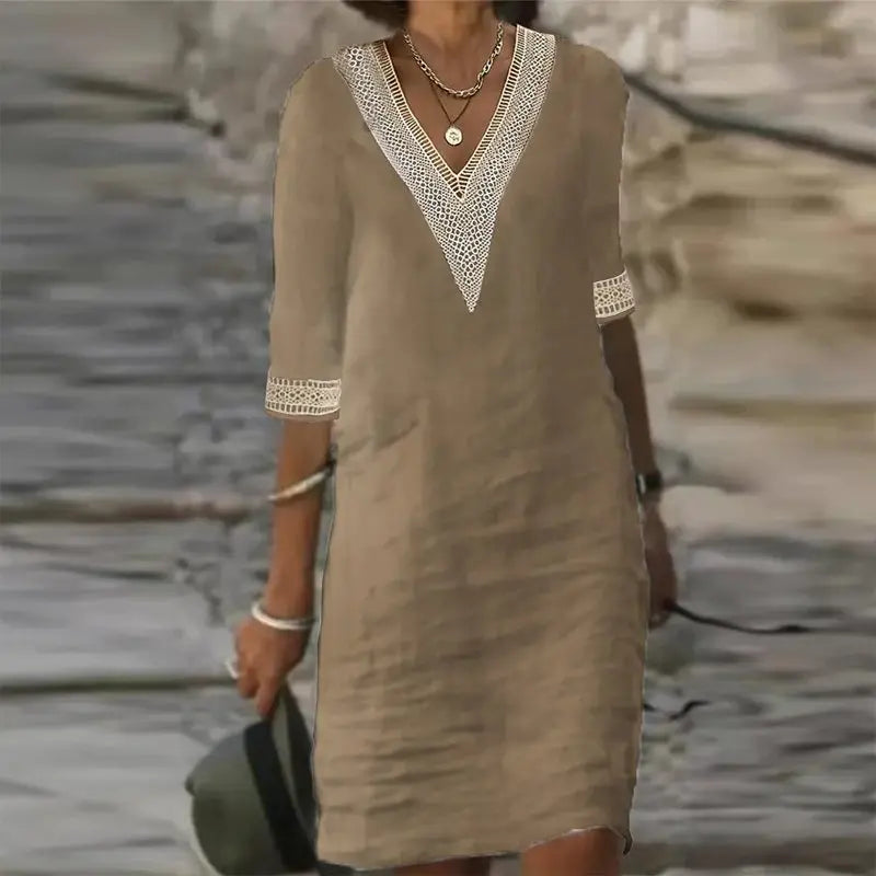 Vestido De Linho Gola V - Zarvane - Cáqui / 3G
