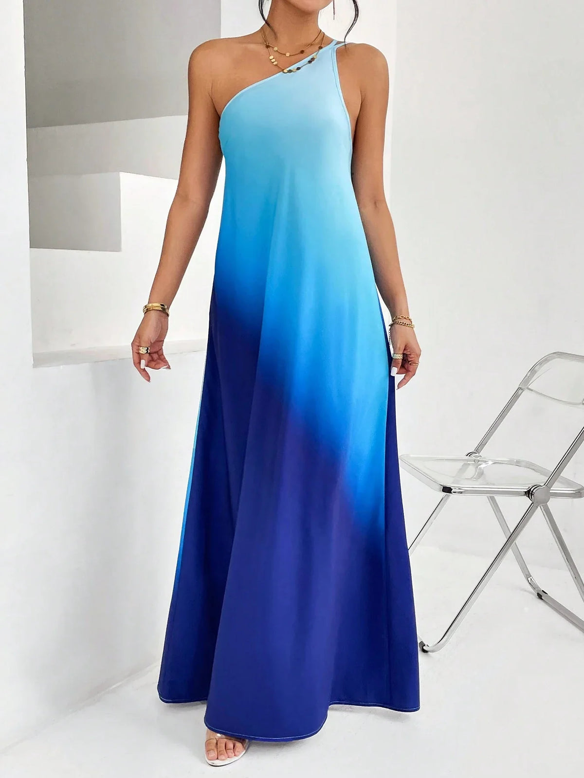 Vestido Maxi Ombro Único com Estampa Degradê