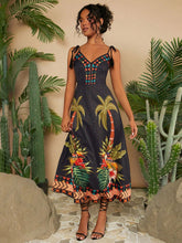 Carregar imagem no visualizador da galeria, Vestido Longo de Praia com Estampa Tropical e Nó no Ombro
