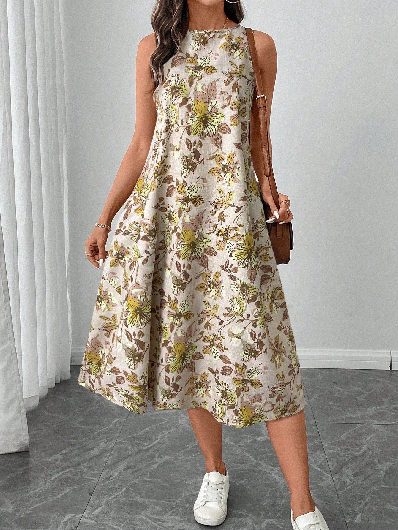 Vestido Midi Floral Sem Mangas com Bolsos - Casual Elegante Feminino