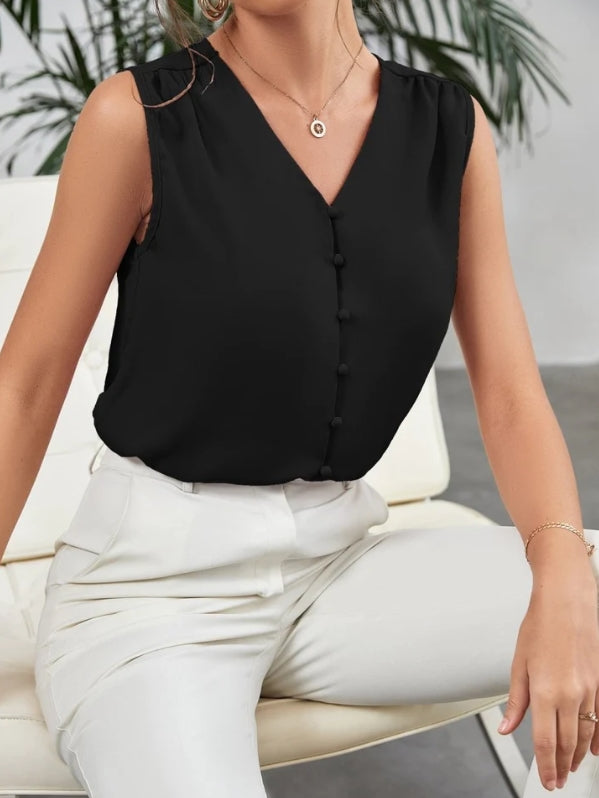 Blusa Feminina Botões Gola em V Rosa e Preto  HumArraso