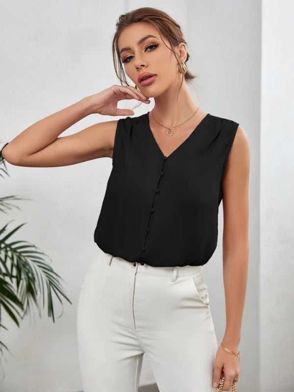 Blusa Feminina Botões Gola em V Rosa e Preto  HumArraso