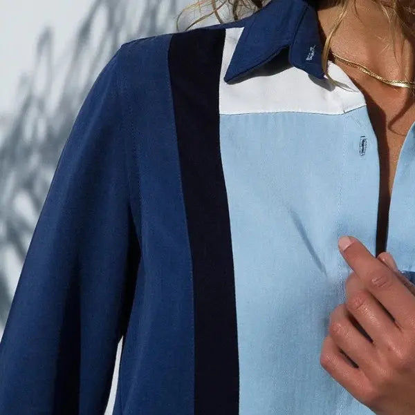 Camisa Chiffon Azul Manga Longa