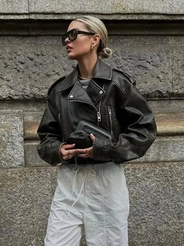 Jaqueta Feminina em Couro P.U com Cinto Moda Primavera -  - HumArraso