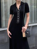 Vestido Longo com Manga Curta e Gola com Botão