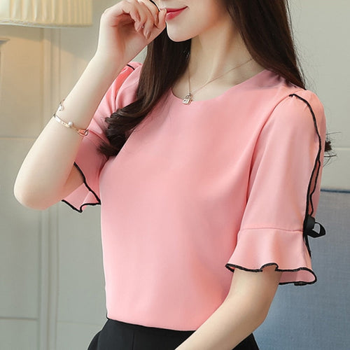 Blusa Chiffon Feminina Manga Curta Rosa4G HumArraso