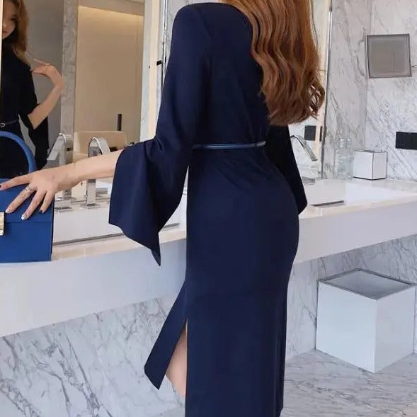 Vestido Elegante Midi com Gola em V