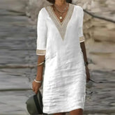 Vestido De Linho Gola V - Zarvane -  Branco / 3G