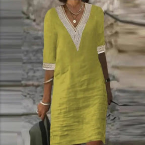 Vestido De Linho Gola V - Zarvane -  Amarelo / 3G